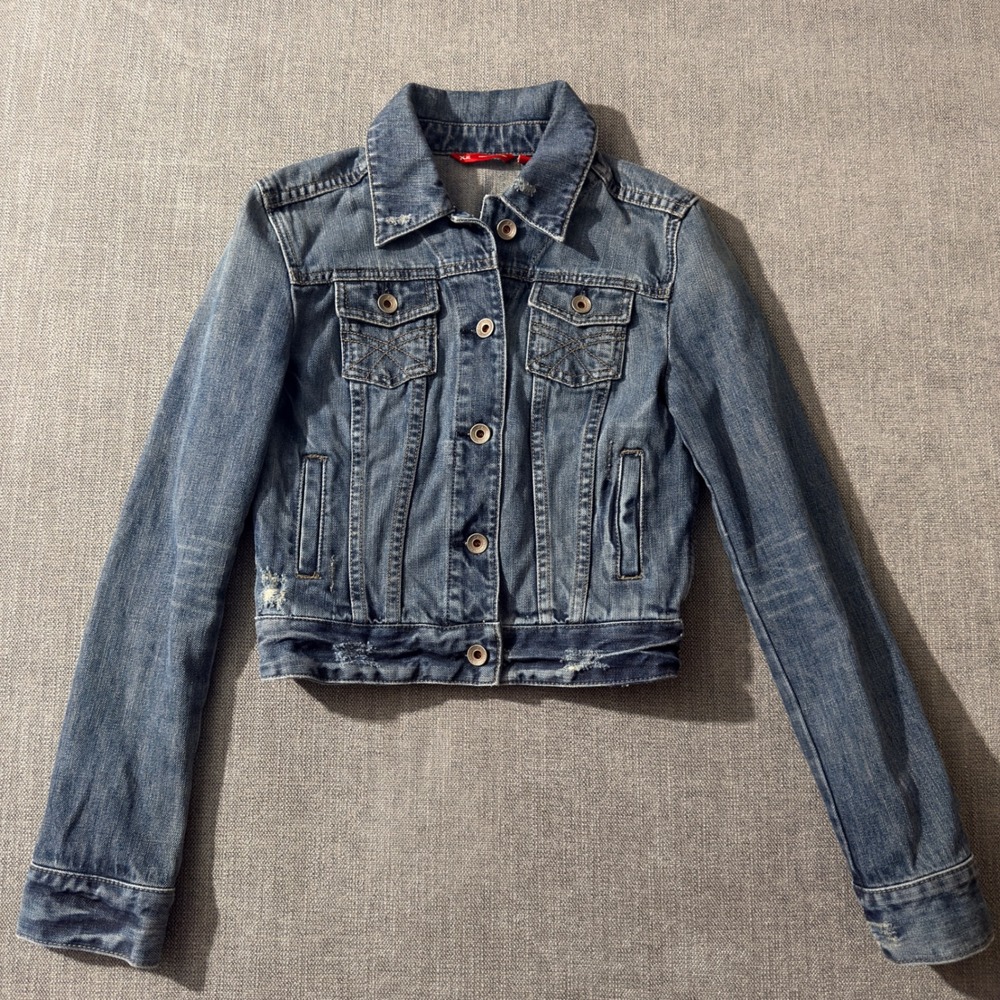 X2 Denim Jacket Women Blue Wash Cropped Trucker Style‎ Size XS
